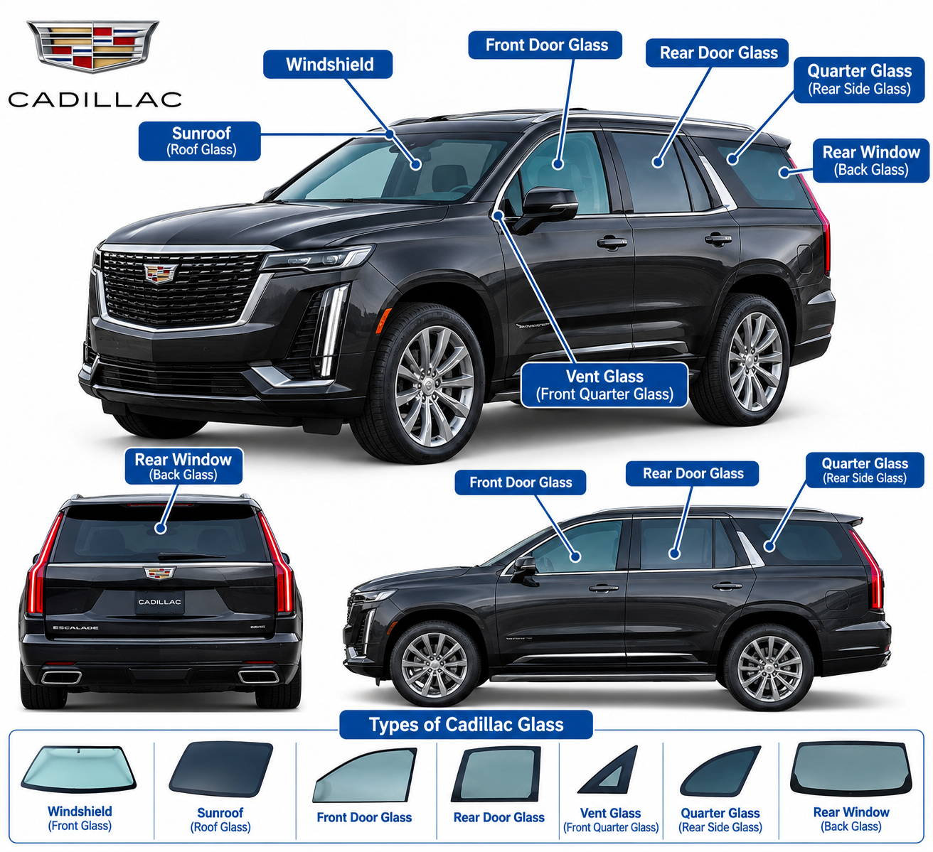 Cadillac Escalade diagram labeling the windshield, sunroof, front and rear door glass, vent glass, quarter glass, and rear window, with a row showing each type of Cadillac glass